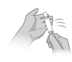 Two hands holding and shaking vertically a cylindrical drug vial to mix the contents