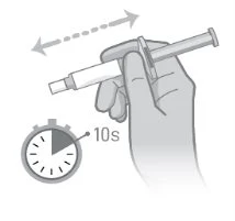 A hand holding a syringe with an oscillating motion indicated by an arrow and a timer showing a duration of 10 seconds