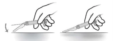 Technical drawing showing two stages of syringe assembly or preparation