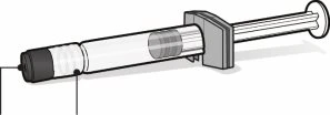 Technical drawing of a horizontal syringe with a transparent body, white plunger, and black tip cap, with black reference lines