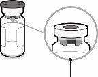 Technical drawing of a medicine vial with a circular magnification showing details of the cap and upper neck area