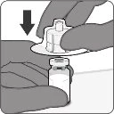 Two hands pressing an injection device downward over a glass vial, with a black arrow indicating the downward movement