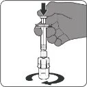 A hand pressing the plunger of a syringe downward while rotating the base of the device, following a black circular arrow