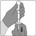 Two hands holding a vertical syringe while the lower hand pushes the plunger down, indicated by a black downward arrow