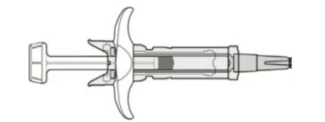 Black and white technical drawing of a pre-filled syringe with T-plunger and transparent cylindrical barrel with a needle attached at the tip