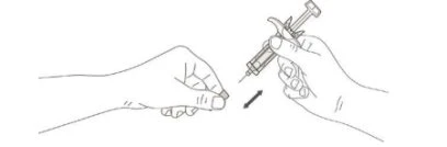 Line drawing of two hands holding a syringe to inject its contents into a specific point on the skin indicated by an arrow