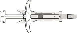 Black and white technical drawing of a horizontal syringe with plunger, transparent barrel, and contoured grip for administration
