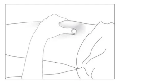Disegno lineare di una mano che preme con il pollice sulla pelle dell'addome sopra una zona leggermente ombreggiata
