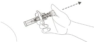 Una mano impugna una penna iniettiva inclinata con una freccia tratteggiata che indica il movimento di estrazione verso l'alto
