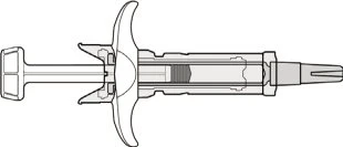 Black and white technical drawing of a horizontal syringe with plunger, transparent cylindrical barrel, and needle on the right tip
