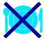 Icona azzurra di un piatto con forchetta e cucchiaio con una grande croce blu sovrapposta che indica il divieto di mangiare o assumere cibo