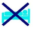 Blue icon of a bed with a person lying on it, overlaid with a large dark blue cross indicating the prohibition of lying in bed