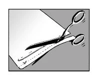 A pair of open scissors cutting a sheet of paper along a dashed line with small guide marks