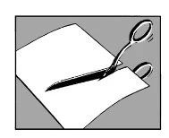 A pair of open scissors cutting a white sheet of paper against a neutral gray background
