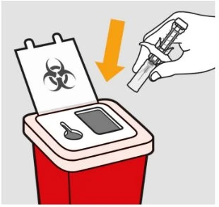 A hand inserting a syringe into a red biohazard waste container with an open lid and a biological hazard symbol indicated by an orange arrow