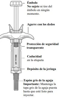 Technical diagram of a syringe with labels indicating parts: plunger, grip, transparent protective cover, barrel, label, and needle cap