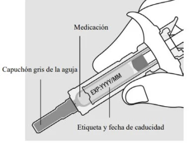 Technical drawing of a syringe with an expiration date label, medication indication, and gray needle cap