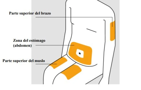 Diagram of the human body indicating injection sites: upper arm, abdomen, and upper thigh highlighted in orange