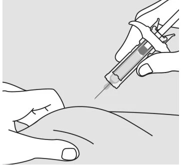 A hand holding a syringe with the needle directed toward the skin of an arm being supported by a second hand