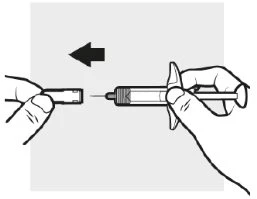 Two hands separating a medical device with a black arrow indicating leftward movement to detach the