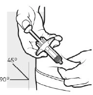 A hand holding a medical device at a 45-degree angle to the body's skin while the