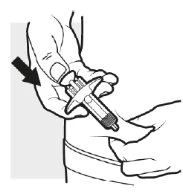 Technical drawing showing a hand pressing a medical device against the arm skin with a black arrow pointing downward