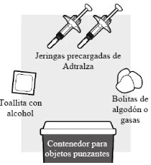 Two Adtralza pre-filled syringes, an alcohol wipe, cotton pads or gauze, and a sharps container on a gray background