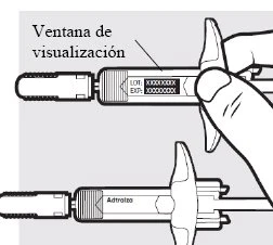 Technical drawing of an injection pen with a viewing window for batch and expiry information, and a hand holding it from the side