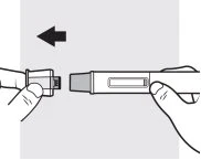 Two hands separating components of a medical device with a black arrow indicating movement to the left