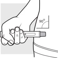 A hand holding an injection pen at a 90-degree angle to the top of the abdomen