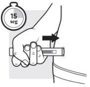 A hand holding a medical device against the thigh with a black arrow indicating pressure and a timer showing '15 sec'