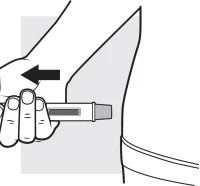 Schematic drawing of a hand holding a cylindrical medical device against the upper thigh with a horizontal black arrow