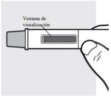 Illustration of a hand holding a medical device with a rectangular viewing window indicated by a black line
