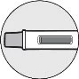 Stylized black-and-white drawing of a rectangular medical device with a central control window on a circular gray background