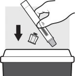 A hand holding an injection pen above a disposal container with a black downward-pointing arrow