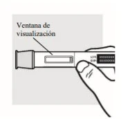 A hand holding a horizontal medical device with a central display window and expiry indicators on the right