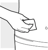 Line drawing of a hand pressing a square pad against the skin of the abdomen