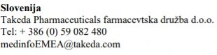 Text displaying Slovenia, company name Takeda Pharmaceuticals farmacevtska družba d.o.o., telephone number, and email address medinfoEMEA@takeda.com