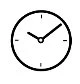 Stylized icon of a circular analog clock with a white dial, black hands, and small hour markers on a white background