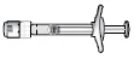 Black and white technical drawing of a horizontal syringe with a cylindrical body, plunger, and a wing-shaped protector at the rear
