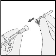 Two hands separating components of a pre-filled syringe, with an arrow indicating the detachment movement between the body and the cap