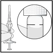A hand holding a syringe with a circular magnification showing the detail of the rubber stopper and the liquid level line in the vial