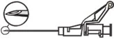 Technical diagram of a medical device with a thin needle and a circular magnification showing the sharp tip of the