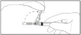 Technical drawing showing two hands holding a syringe and tilting it from a horizontal to a vertical position via a curved arrow