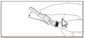 One hand holding a medical device and an arrow indicating a downward rotation or click motion for the