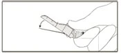 One hand holding a pen-shaped medical device and tilting it downward following the direction indicated by a curved arrow