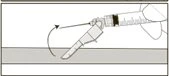 Technical drawing showing a hand tilting a syringe with needle downward following a curved arrow for the