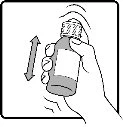 Una mano che agita verticalmente un flaconcino di medicinale indicato da una freccia a doppia punta per la miscelazione del contenuto