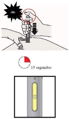 Illustrazione medica che mostra una mano che preme un autoiniettore sulla pelle con un clic, un timer su 15 secondi e un dettaglio del dosaggio