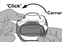 Due mani tengono un dispositivo medico circolare mentre una freccia curva indica il movimento di chiusura verso sinistra con la scritta Click